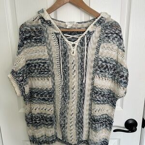 LOFT Cream & Blue Striped Lace-Up Knit Hoodie